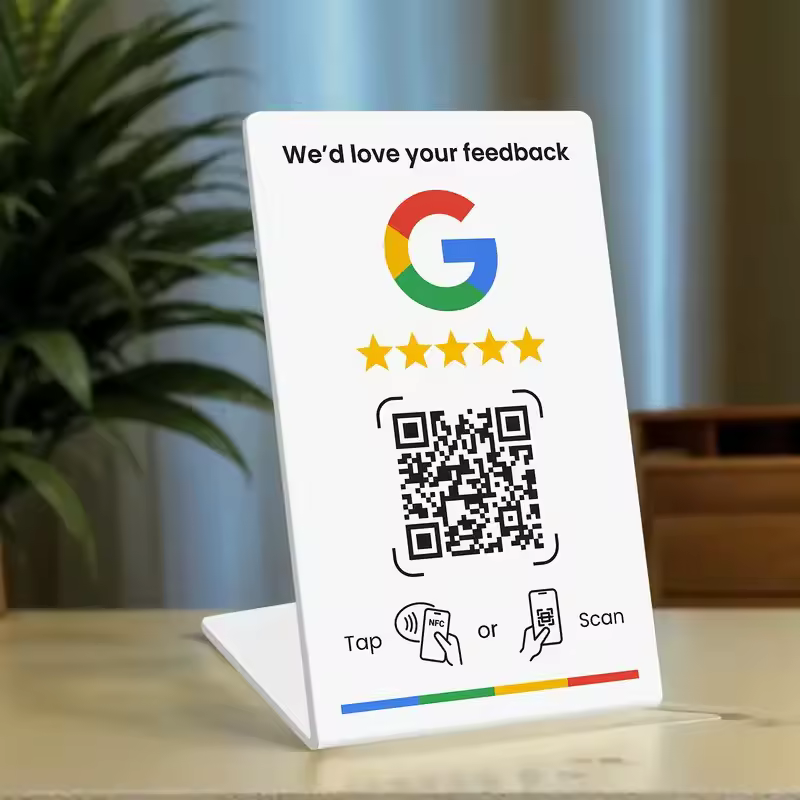 Countertop stand with QR code and NFC for Google reviews